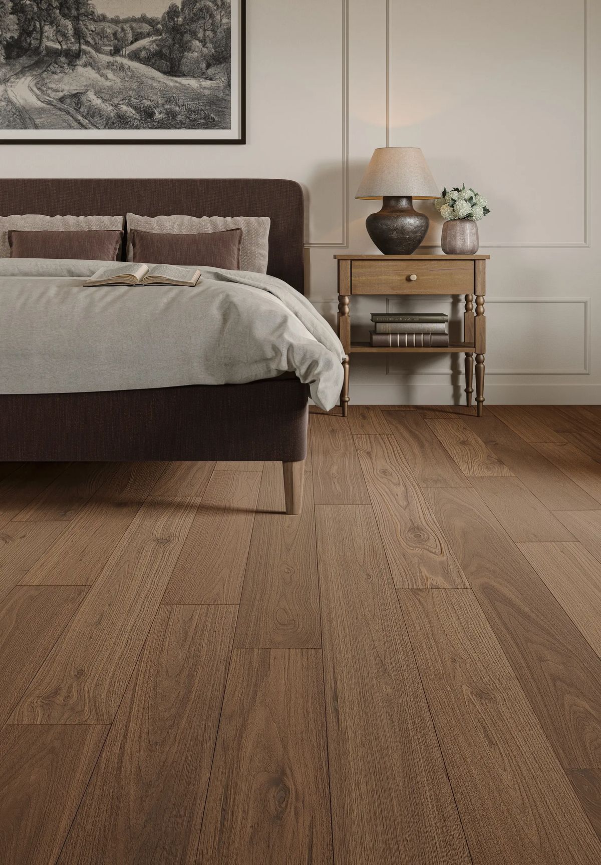 Sàn gỗ Walnut màu trầm trong phòng ngủ